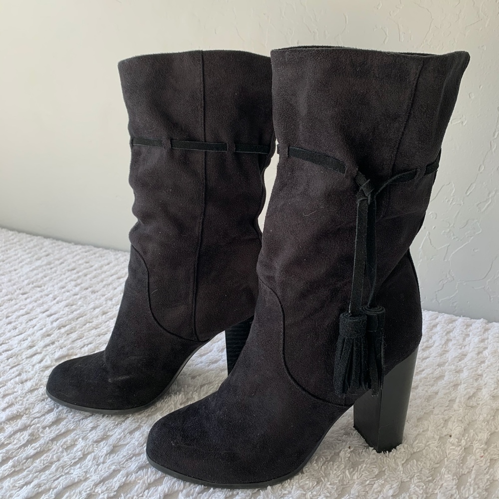 Black Suede Slouch Tassel Boot